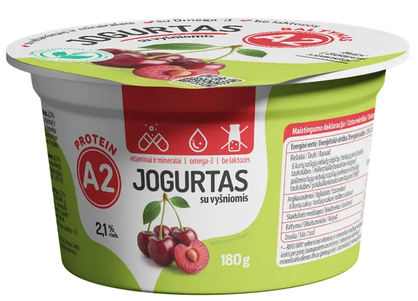 Jogurtas A2, be laktozės, su vyšniomis, 180 g