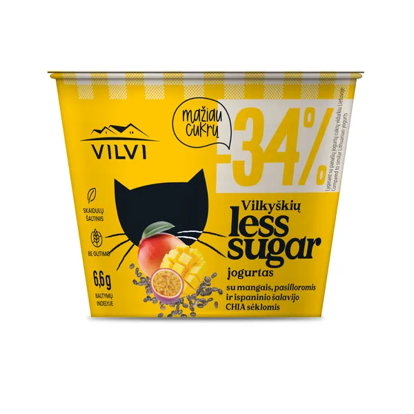 Jogurtas LESS SUGAR, mangų, pasiflorų skonio ir su ispaninio šalavijo chia sėklomis, 3,7% riebumo, 2