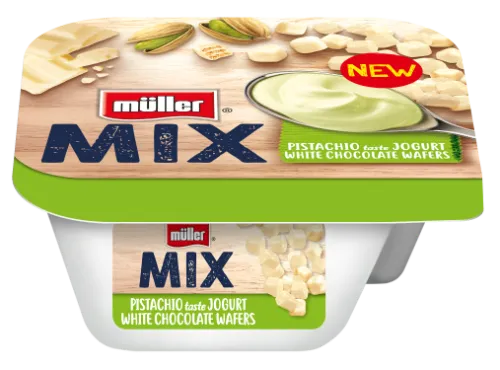 Jogurtas MÜLLER MIX pistacijų skonio su šokoladiniais vafliais 130g 7,2%