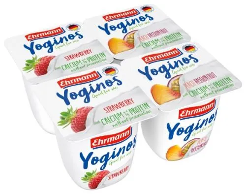 Jogurtas YOGINOS su braškėmis, persikais ir pasiflorais, 0,1%,  pakuotę sudaro 4 vnt.x100 g.