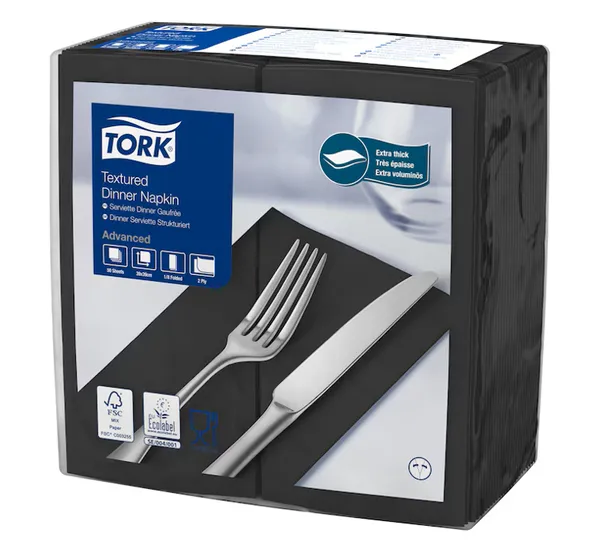 Banketu salvetes TORK ar reljefrakstu, 39x39cm, melnas, 1/8 locījums, 2 slāņi, 50gab, 509421