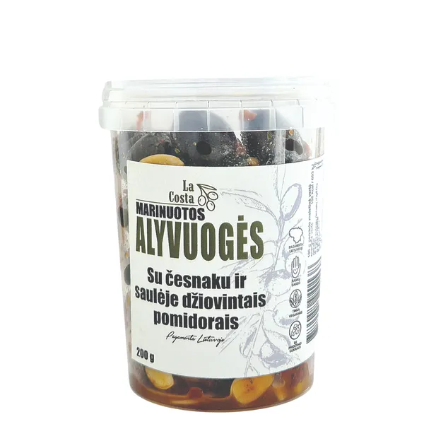 Juodosios alyvuogės La Costa, su česnaku ir saulėje džiovintais pomidorais, 200 g