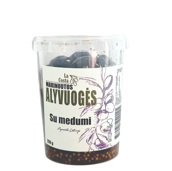 Juodosios alyvuogės La Costa, su medumi ir grūdėtomis garstyčiomis, 200 g