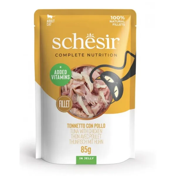 Kačių ėdalas SCHESIR CAT, su tunu ir vištiena,  pilnavertis, 85 g