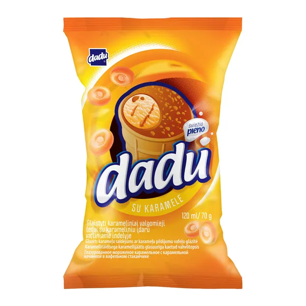 Karameliniai ledai DADU, su karameliniu įdaru ir glaistu, 120 ml / 65 g