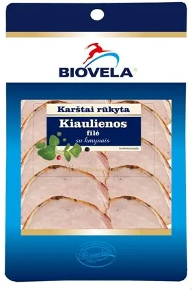 Karštai rūkyta kiaulienos filė BIOVELA, su kmynais, sudėtyje yra vandens, I rūšis, 250 g