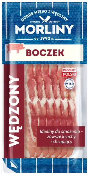Karštai rūkyta kiaulienos šoninė griežinėliais MORLINY, I r., 100 g
