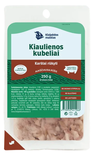 Karštai rūkyti kiaulienos kubeliai KLAIPĖDOS MAISTAS, a. r., 250 g