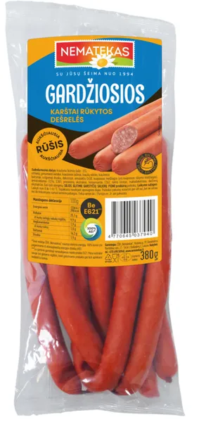 Karštai rūkytos dešrelės GARDŽIOSIOS, aukščiausia rūšis, 380 g.