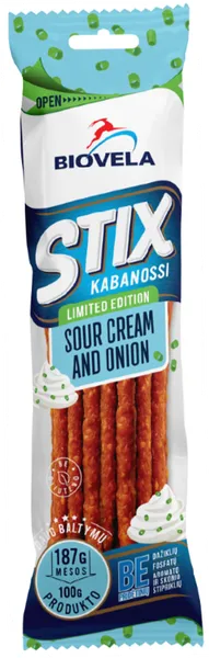 Karštai rūkytos STIX Kabanosi lazdelės su grietine ir svogūnais, 100 g, aukščiausia rūšis