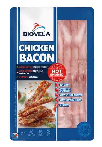 Karštai rūkytos vištienos juostelės BIOVELA "Chicken Bacon", 120 g