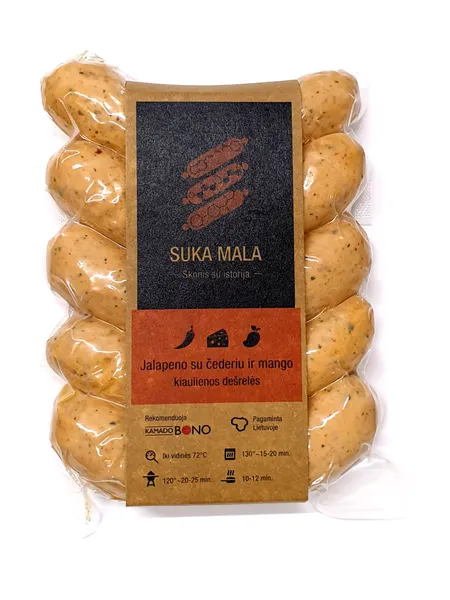 Kiaulienos dešrelės su jalapenu, čederiu ir mangu SUKA MALA, ~500 g
