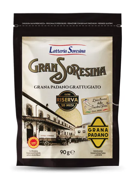 Kietasis sūris Grana Padano LATTERIA SORESSINA, Riserva, tarkuotas, brand. ne maž.20 mėn.,PDO, 90g