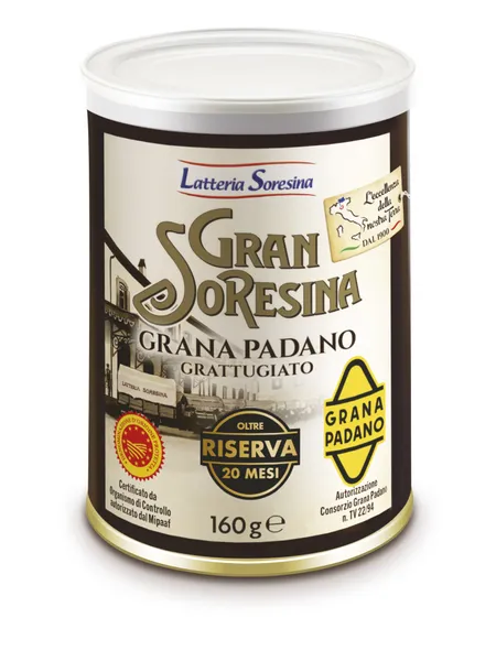 Kietasis sūris LATTERIA SORESSINA Riserva, tarkuotas, brandintas ne mažiau kaip 20 mėn. PDO, 160g.
