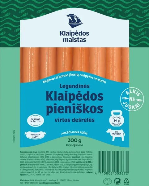 KLAIPĖDOS PIENIŠKOS virtos dešrelės, vakuume, 300 g
