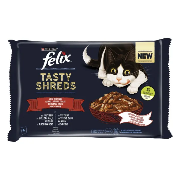 Konservai katėm, FELIX Tasty Shreds, mėsos rinkinys, 4 x 80g.