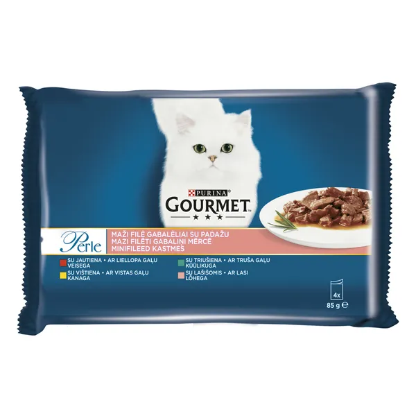 Konservi kaķiem GOURMET Perle, vista / lasis / liellops/trusis, 4x85g