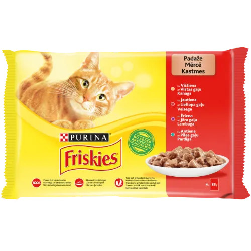 Konservuotas kačių ėdalas FRISKIES, su mėsa ir padažu, 4 x 85 g