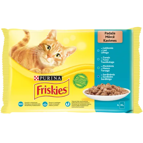 Konservuotas kačių ėdalas FRISKIES, su žuvimi ir padažu, 4 x 85 g