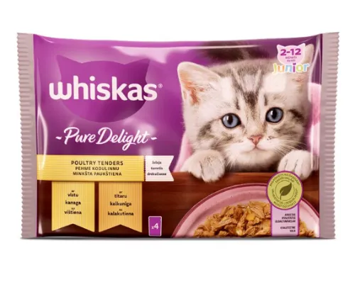 Konservuotas kačių ėdalas WHISKAS Pouch Junior su paukštiena, 4 x 85 g