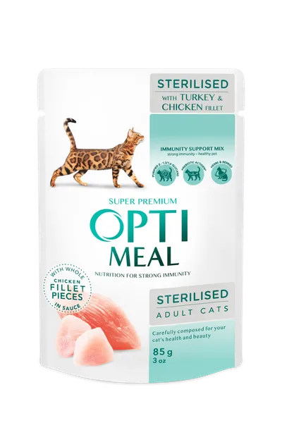Konservuotas kačių maistas OPTIMEAL sterilizuotoms, su vištiena ir kalakutiena, padaže, 85 g