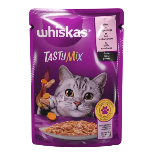 Konservuotas suaugusių kačių ėdalas WHISKAS Tasty Mix, su lašiša ir morkomis, 85 g