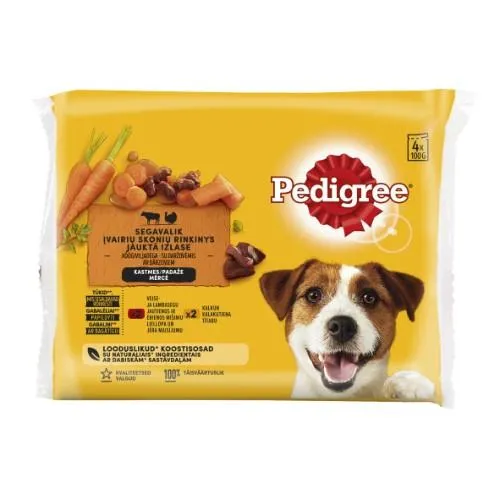 Konservuotas šunų ėdalas PEDIGREE, rinkinys, su jautiena, ėriena ir kalakutiena, 4 x 100 g