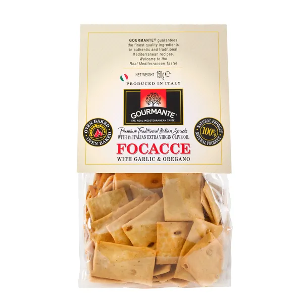 Krekeriai Focacce GOURMANTE, su česnaku ir raudonėliu, 150 g