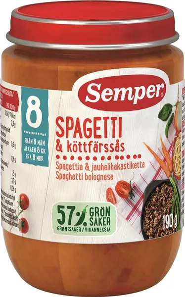 Kūdikių maistas SEMPER  bolognese spagečiai, nuo 8 mėnesių, 190 g