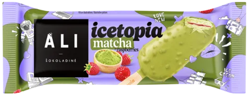 Ledai ICETOPIA matcha grietininiai ledai su aviečių įdaru ir vaflių traškučiais,100ml