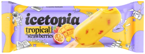 Ledai ICETOPIA tropinių vaisių šerbetas su braškių gabaliukais, 80ml