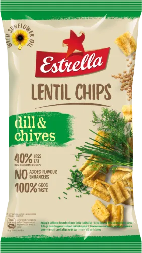 Lęšių traškučiai ESTRELLA krapų ir laiškinių česnakų skonio, 100 g