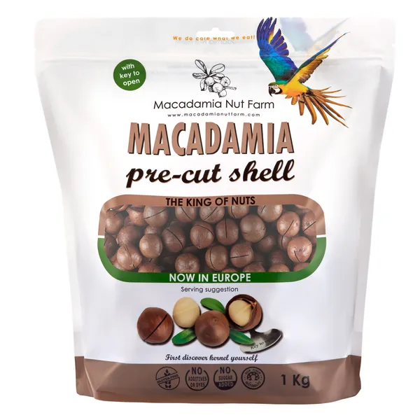 Makadamijų riešutai MACADAMIA NUT FARM, su kevalu, įpjauti, 1 kg