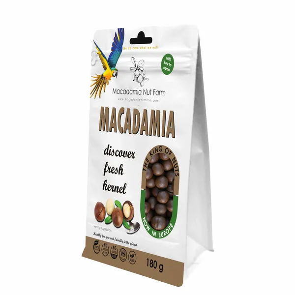 Makadamijų riešutai MACADAMIA NUT FARM, su kevalu, įpjauti, 180 g