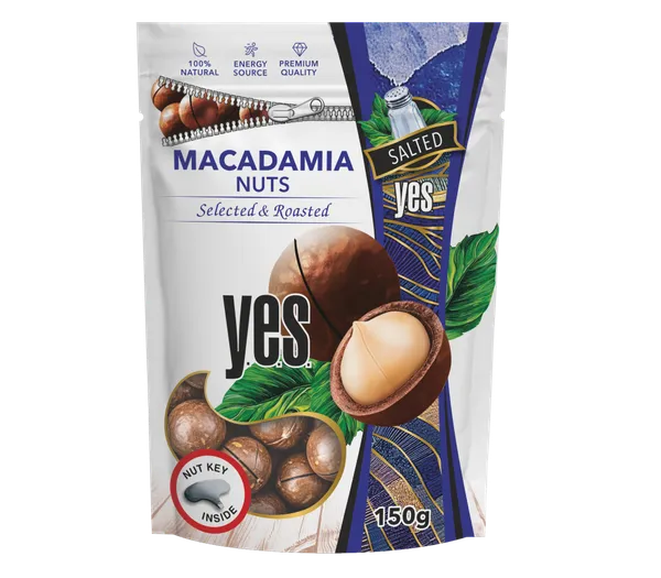 Makadamijų riešutai YES įpjauti, kepti, sūdyti, 150 g