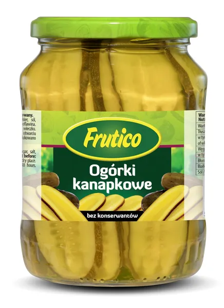 Marinuoti agurkai FRUTICO, supjaustyti išilgai, 660 g / 330 g