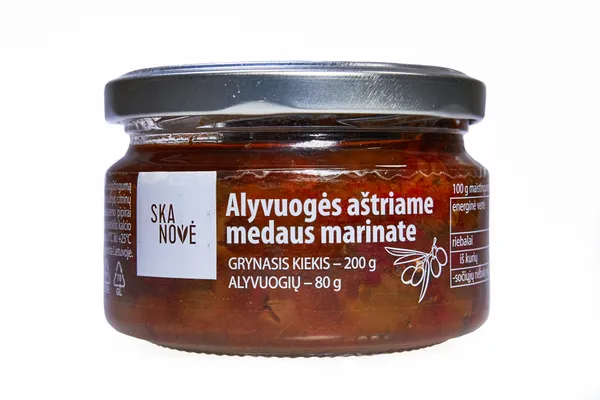 Marinuotos žaliosios alyvuogės SKANOVĖ, be kauliuko, su medumi, aštrios, 200g