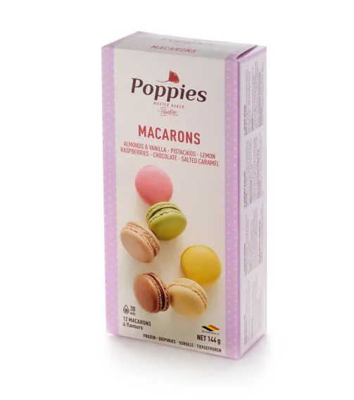 Migdoliniai sausainiai POPPIES Macaroons, 6 skoniai, 12 vnt. x 12 g