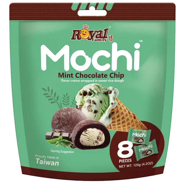 Japāņu rīsu kūka ROYAL FAMILY Mochi, ar piparmētru un šokolādes gabaliņiem, 120g