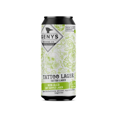 Nealkoholinis alus GENYS Tattoo Lager 0,44l dry hopped lager