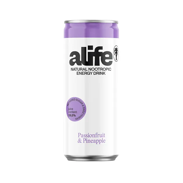 Pasiflorų, ananasų skonio gazuotas natūralus energetinis gėrimas, ALIFE, 0,33 l (skardinėje)