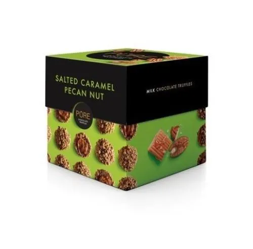 Piena šokolādes trifeles ar sāļās karameles krēma pildījumu un pekanrieksta dekoru 110 g, PURE