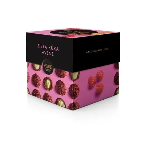 Piena šokolādes trifeles ar siera kūkas garšas krēma pildījumu un aveņu dekoru 96g, PURE