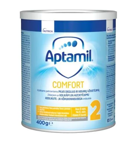 Pieno mišinys APTAMIL Comfort 2, nuo 6 mėn., skardinė, 400 g (nuo dieglių)