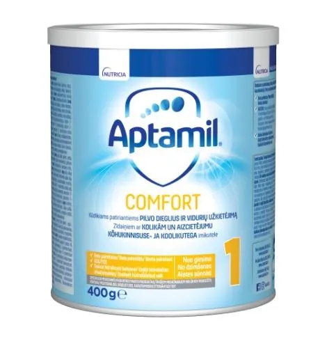 Pieno mišinys APTAMIL Comfort, iki 6 mėn., skardinė, 400 g (nuo dieglių)