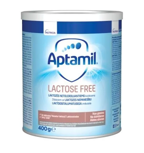 Pieno mišinys APTAMIL Lactose Free, pradinio ir tolimesnio maitinimo, skardinė, 400 g (alergiškiems
