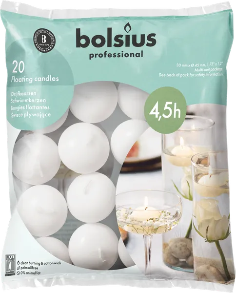 Peldošās sveces BOLSIUS, baltas, 4,5st., 20gab