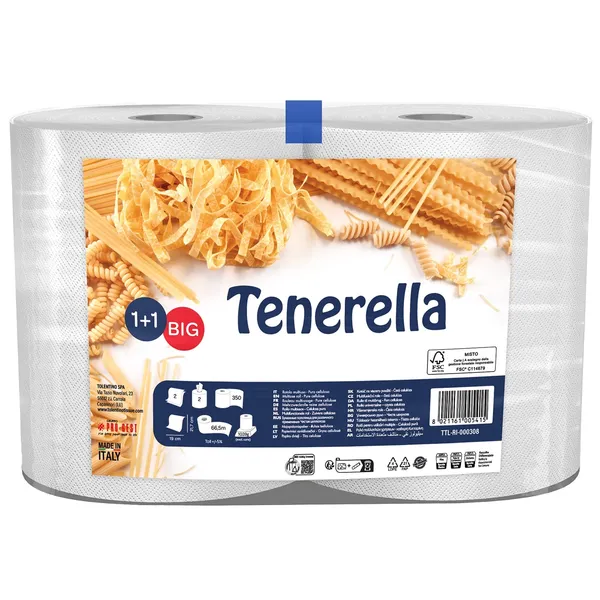 Popieriniai rankšluoščiai TENERELLA,  2 sluoksnių gryna celiuliozė, 2 vnt. x 66,5m