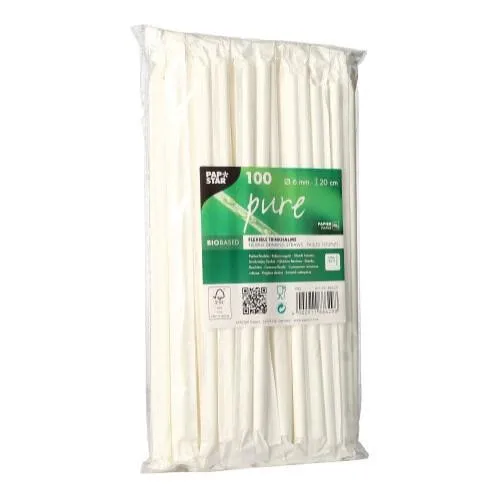 Popieriniai šiaudeliai Pure, balti, įvilkti popieriuje, D 6 mm , L 20 cm, 100 vnt.