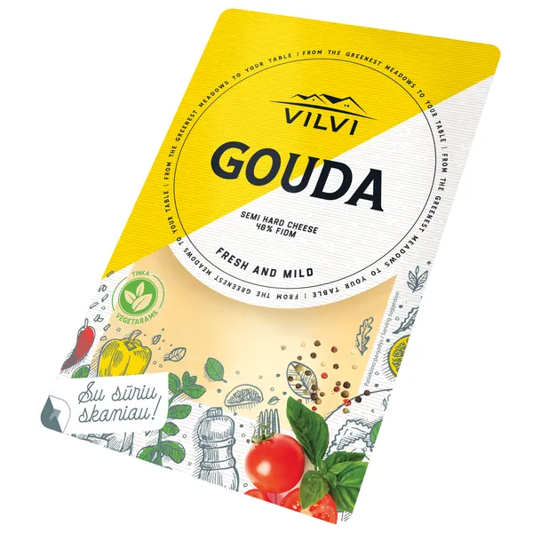 Puskietis sūris VILVI Gouda, 48 % RSM, riekutėmis, 150g